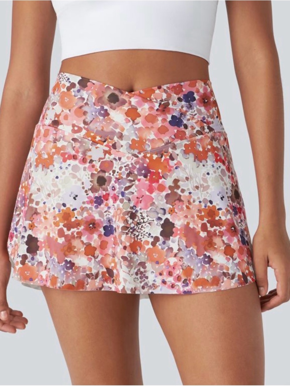 HALARA Floral V‑Waist Active Skort in Coral Pink and Purple